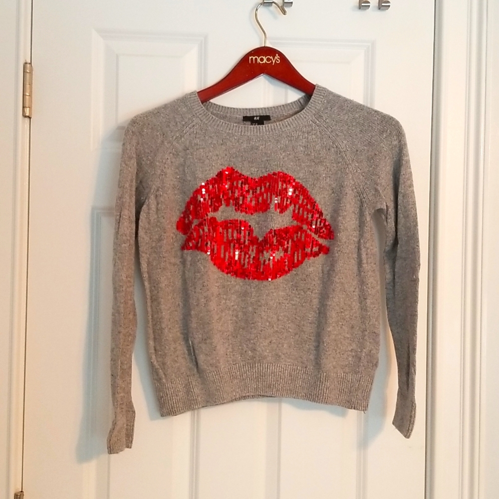 H&M Sequin Lips Sweater, Size XS, Gray, Red Sequin